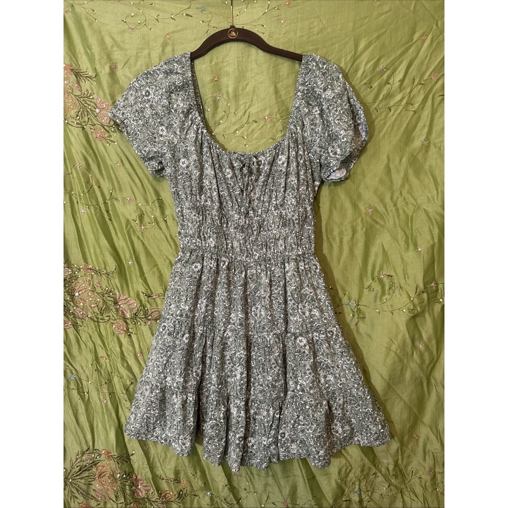 Hollister Smocked Mini Skort Dress Green White Floral Pockets Open Back Size Sm
